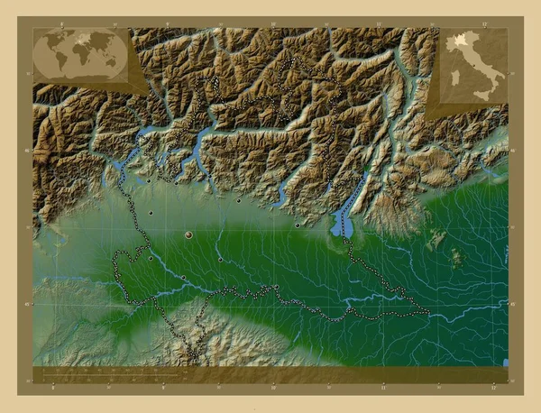 Lombardia Region Italy Colored Elevation Map Lakes Rivers Locations Major — Stock Photo, Image