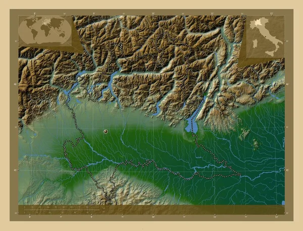 Ломбардия Регион Италии Цветная Карта Высоты Озерами Реками Вспомогательные Карты — стоковое фото