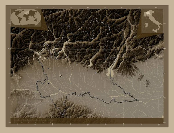 Ломбардия Регион Италии Карта Высоты Окрашенная Сепиевые Тона Озерами Реками — стоковое фото