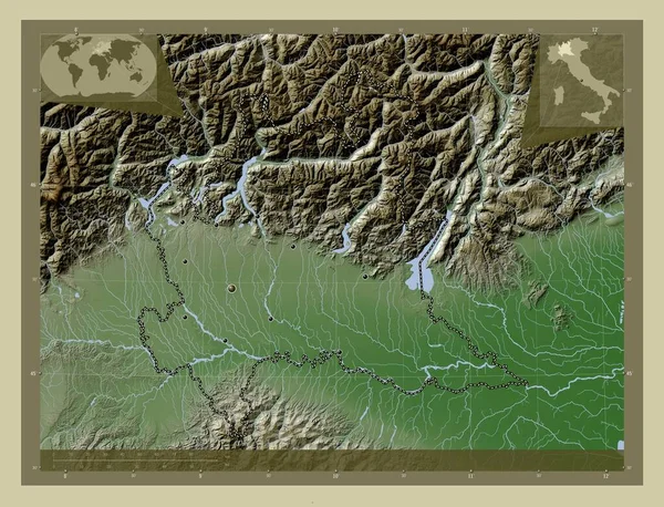 Lombardie Region Itálie Zdvihová Mapa Zbarvená Stylu Wiki Jezery Řekami — Stock fotografie