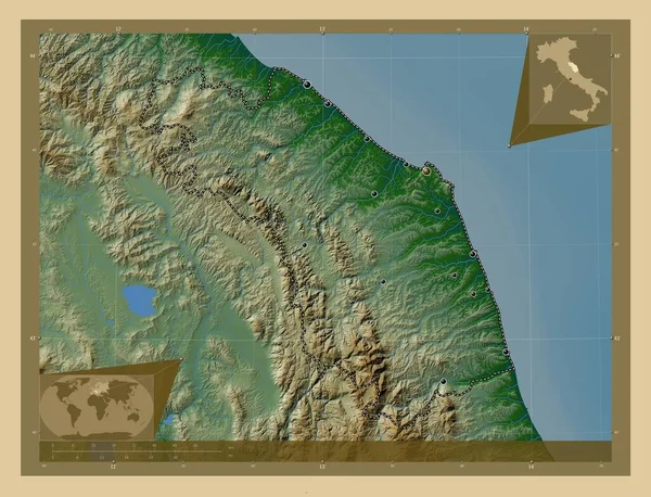 Marche Región Italia Mapa Elevación Colores Con Lagos Ríos Ubicaciones —  Fotos de Stock