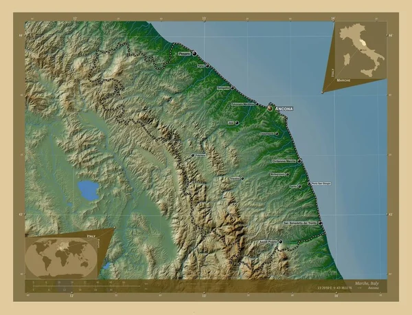 Marche Región Italia Mapa Elevación Colores Con Lagos Ríos Ubicaciones —  Fotos de Stock