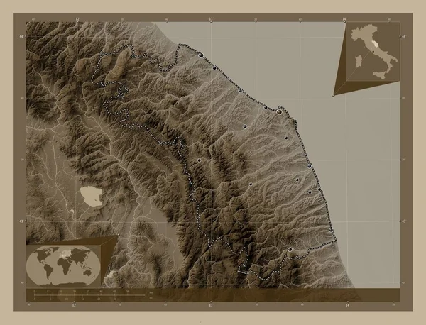 Marche Región Italia Mapa Elevación Coloreado Tonos Sepia Con Lagos —  Fotos de Stock