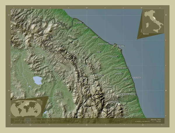 Marche Region Itálie Zdvihová Mapa Zbarvená Stylu Wiki Jezery Řekami — Stock fotografie