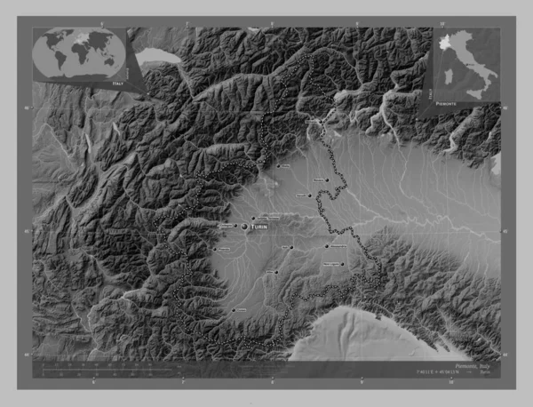 Piémont Région Italie Carte Altitude Niveaux Gris Avec Lacs Rivières — Photo