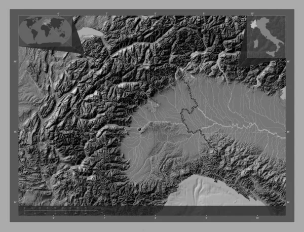 Piemonte Region Włoch Dwupoziomowa Mapa Jeziorami Rzekami Pomocnicze Mapy Położenia — Zdjęcie stockowe