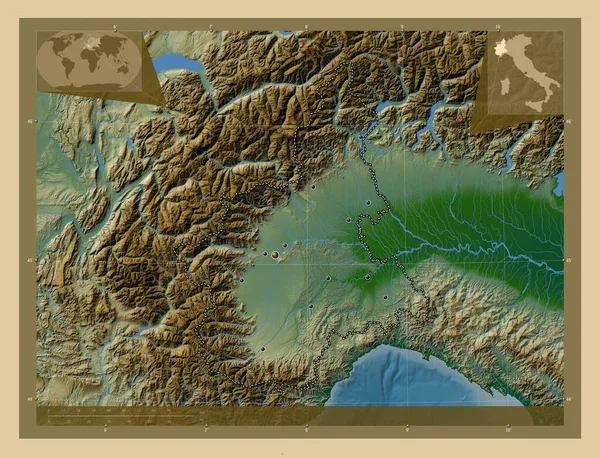 Piemonte イタリアの地域 湖や川と色の標高マップ 地域の主要都市の場所 コーナー補助位置図 — ストック写真