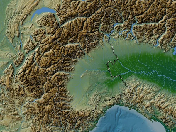 Piemonte 意大利地区 带有湖泊和河流的彩色高程图 — 图库照片