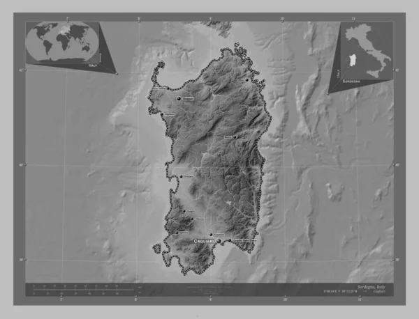 Sardegna Autonomous Region Italy Grayscale Elevation Map Lakes Rivers Locations — Stock Photo, Image