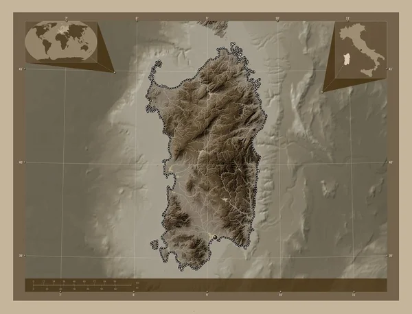 Sardegna Talya Nın Özerk Bölgesi Yükseklik Haritası Sepya Tonlarında Göller — Stok fotoğraf