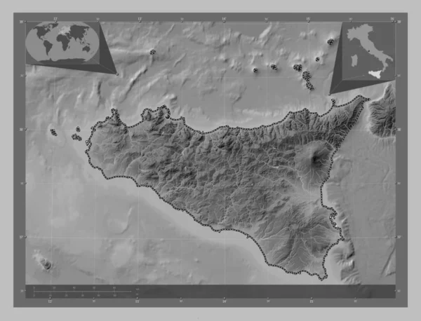 Sicily Autonomous Region Italy Grayscale Elevation Map Lakes Rivers Corner — Stock Photo, Image
