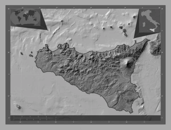 西西里 意大利自治区 带湖泊和河流的比尔维尔高程图 角辅助位置图 — 图库照片