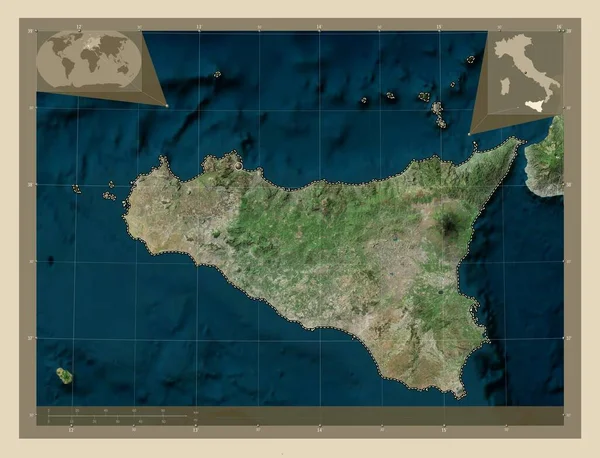 シチリア島 イタリアの自治区 高解像度衛星地図 コーナー補助位置図 — ストック写真