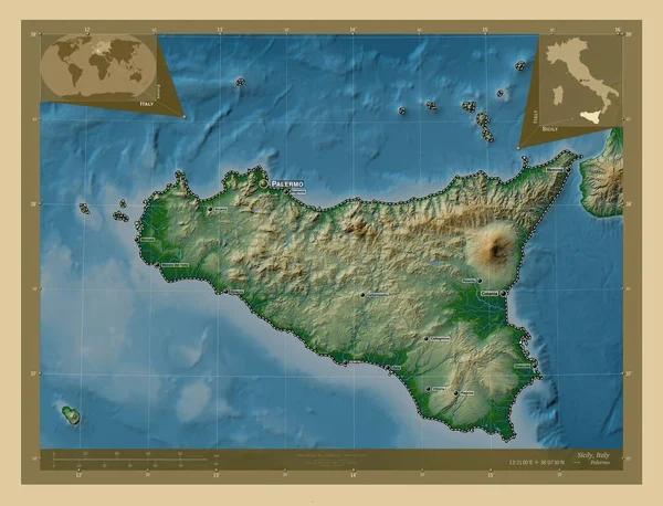Сицилия Автономный Регион Италии Цветная Карта Высоты Озерами Реками Места — стоковое фото