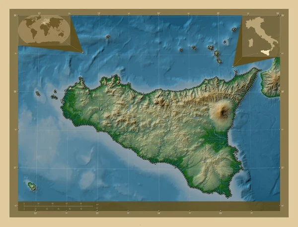 Sicilia Regione Autonoma Italia Mappa Elevazione Colorata Con Laghi Fiumi — Foto Stock