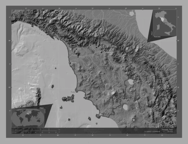 Toscana Região Itália Bilevel Mapa Elevação Com Lagos Rios Locais — Fotografia de Stock