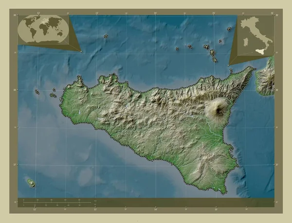 Сицилия Автономный Регион Италии Карта Высоты Окрашенная Вики Стиле Озерами — стоковое фото