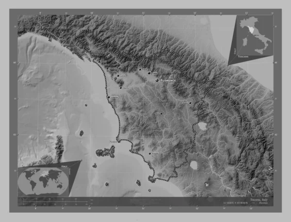 Toscana Región Italia Mapa Elevación Escala Grises Con Lagos Ríos —  Fotos de Stock