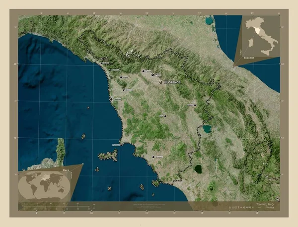 Toscana Región Italia Mapa Satelital Alta Resolución Ubicaciones Nombres Las —  Fotos de Stock