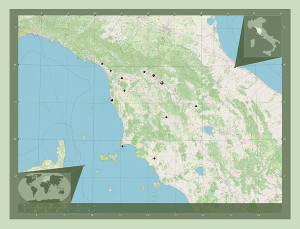 トスカーナ イタリアの地域 ストリートマップを開く 地域の主要都市の場所 コーナー補助位置図 — ストック写真