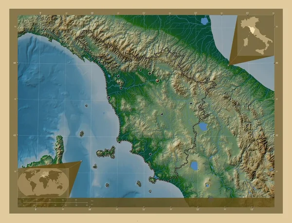 Toscana Regio Van Italië Gekleurde Hoogtekaart Met Meren Rivieren Locaties — Stockfoto