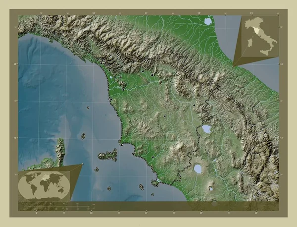 トスカーナ イタリアの地域 湖や川とWikiスタイルで着色された標高マップ 地域の主要都市の場所 コーナー補助位置図 — ストック写真