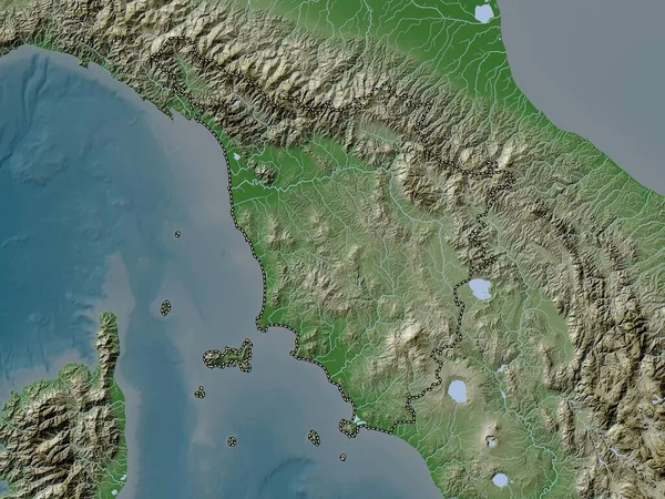 Toscana, İtalya bölgesi. Yükseklik haritası göller ve nehirlerle wiki stilinde renklendirilmiştir