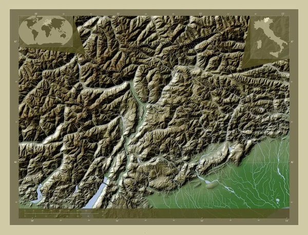 Trentino Alto Adige 意大利自治区 用Wiki风格绘制的带有湖泊和河流的高程地图 角辅助位置图 — 图库照片