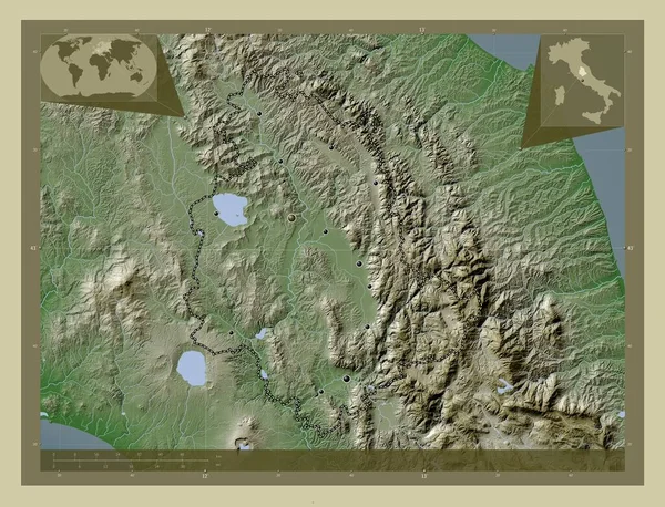 Umbria, region of Italy. Elevation map colored in wiki style with lakes and rivers. Locations of major cities of the region. Corner auxiliary location maps