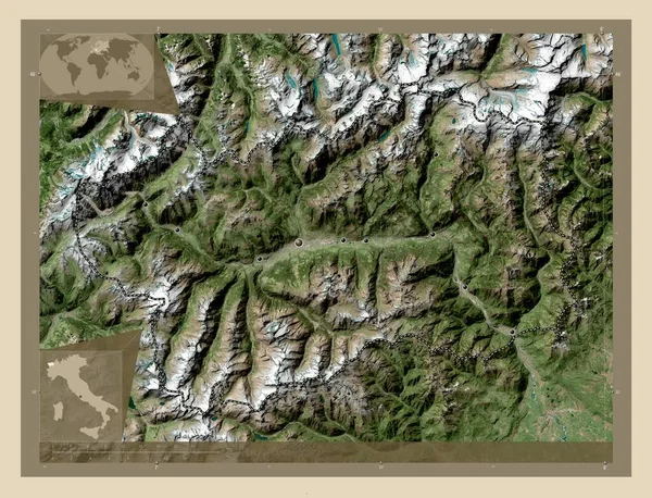 Valle Aosta 意大利自治区 高分辨率卫星地图 该区域主要城市的所在地点 角辅助位置图 — 图库照片