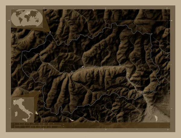 Valle Aosta Regione Autonoma Italia Mappa Elevazione Colorata Toni Seppia — Foto Stock