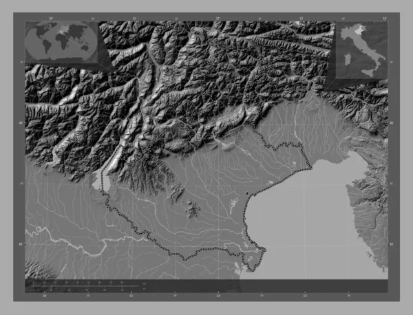 意大利地区的威尼托带湖泊和河流的比尔维尔高程图 角辅助位置图 — 图库照片