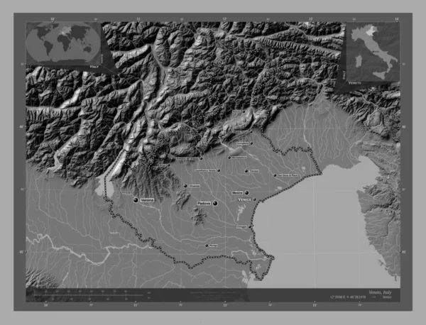 Veneto Region Itálie Mapa Nadmořské Výšky Jezery Řekami Umístění Názvy — Stock fotografie