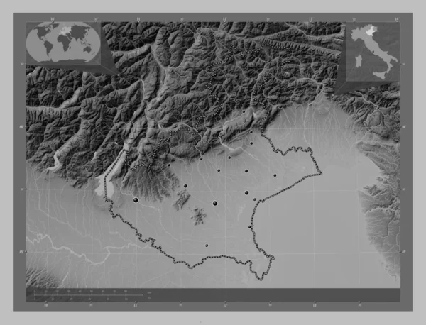 意大利地区的威尼托带有湖泊和河流的灰度高程图 该区域主要城市的所在地点 角辅助位置图 — 图库照片