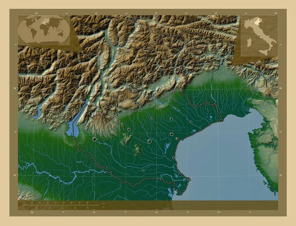 Véneto Región Italia Mapa Elevación Colores Con Lagos Ríos Ubicaciones —  Fotos de Stock