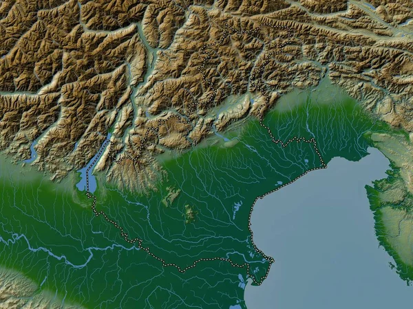 Veneto Region Włoch Kolorowa Mapa Wzniesień Jeziorami Rzekami — Zdjęcie stockowe