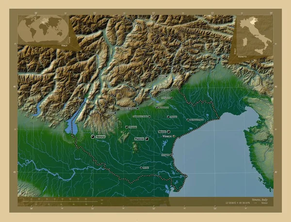 Veneto Regio Van Italië Gekleurde Hoogtekaart Met Meren Rivieren Locaties — Stockfoto