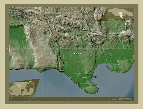 Clarendon 牙买加教区 用Wiki风格绘制的带有湖泊和河流的高程地图 该区域主要城市的地点和名称 角辅助位置图 — 图库照片