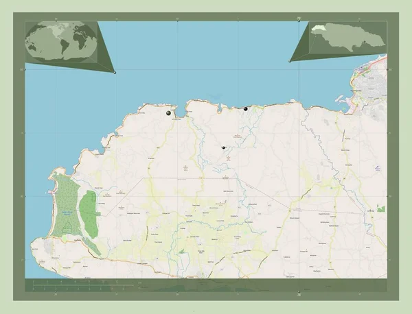 汉诺威 牙买加教区 开放街道地图 该区域主要城市的所在地点 角辅助位置图 — 图库照片