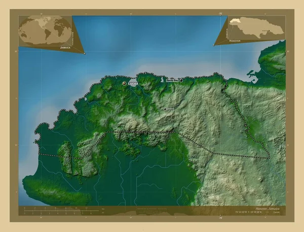 Hanover Parish Jamaica Colored Elevation Map Lakes Rivers Locations Names — Stock Photo, Image