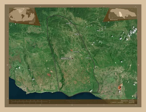 Manchester Parish Jamaica Low Resolution Satellite Map Locations Names Major — Stock Photo, Image