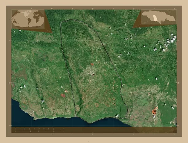 Μάντσεστερ Ενορία Τζαμάικα Δορυφορικός Χάρτης Χαμηλής Ανάλυσης Γωνιακοί Χάρτες Βοηθητικής — Φωτογραφία Αρχείου