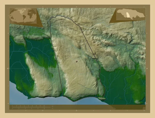Manchester Jamaicas Församling Färgade Höjd Karta Med Sjöar Och Floder — Stockfoto