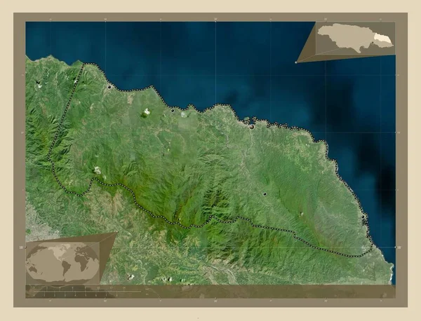 Portland Parochie Van Jamaica Satellietkaart Met Hoge Resolutie Locaties Van — Stockfoto