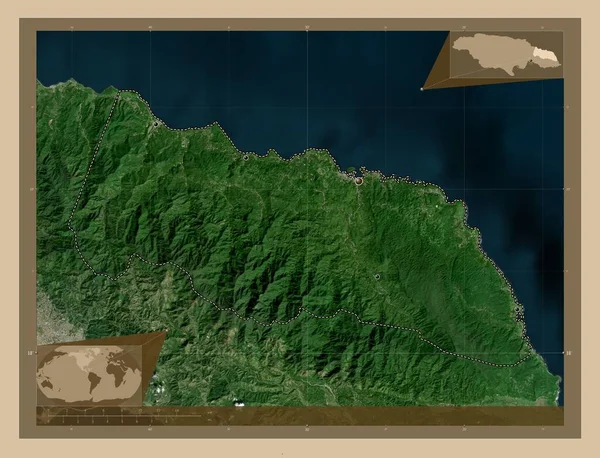 ジャマイカの教区ポートランド 低解像度衛星地図 地域の主要都市の場所 コーナー補助位置図 — ストック写真