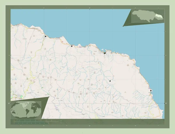 Portland Paroisse Jamaïque Ouvrir Carte Routière Emplacements Des Grandes Villes — Photo