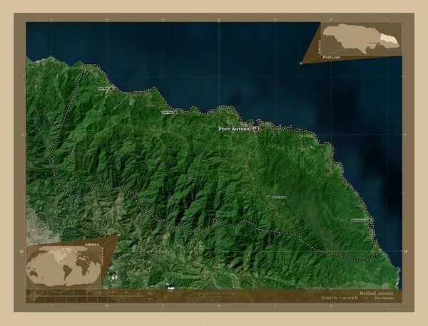 ジャマイカの教区ポートランド 低解像度衛星地図 地域の主要都市の位置と名前 コーナー補助位置図 — ストック写真