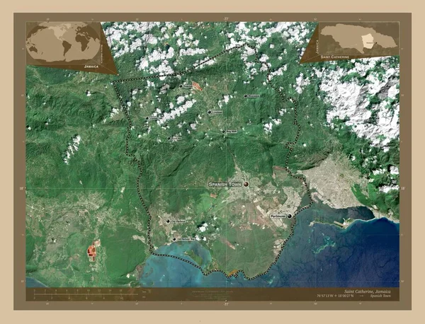 圣凯瑟琳 牙买加教区 低分辨率卫星地图 该区域主要城市的地点和名称 角辅助位置图 — 图库照片