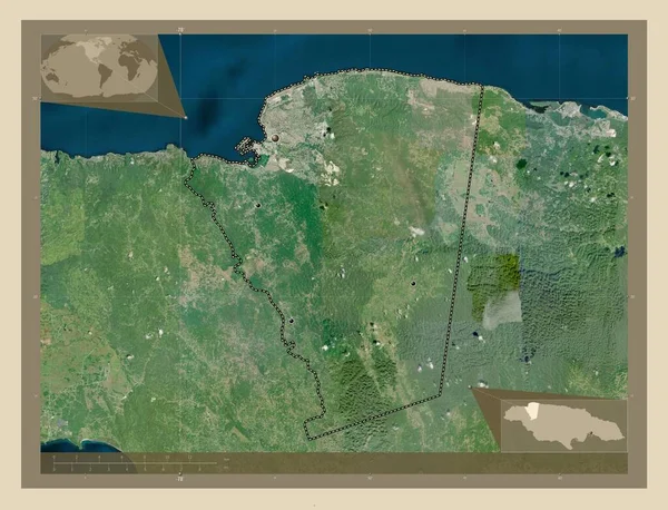 ジャマイカの教区 セント ジェームズ 高解像度衛星地図 地域の主要都市の場所 コーナー補助位置図 — ストック写真