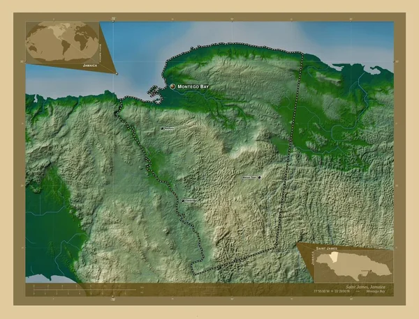 Saint James Parish Jamaica Colored Elevation Map Lakes Rivers Locations — Stock Photo, Image